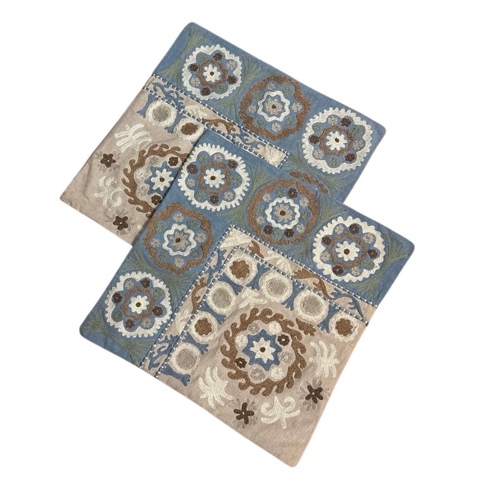 Lot of 2 Pottery Barn Azra Embroidered Pillow Covers Shams Floral 20 x 20